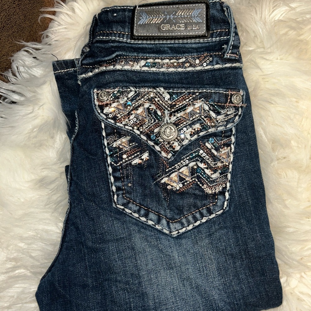 Grace Blue Boot Cut Jeans with Ornate Design